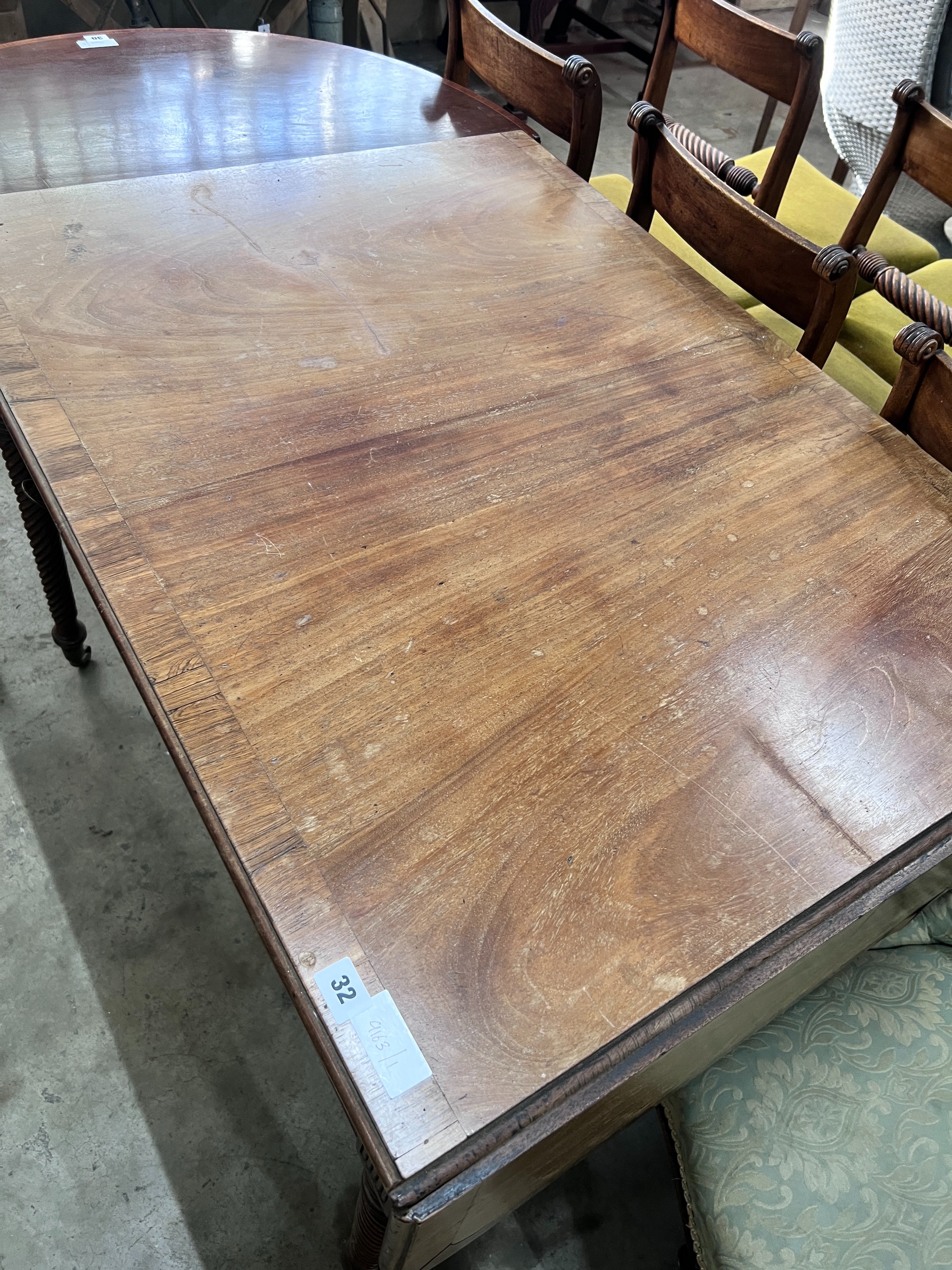 A Regency rosewood banded mahogany sofa table, width 102cm, depth 75cm, height 76cm, *Please note the sale commences at 9am.